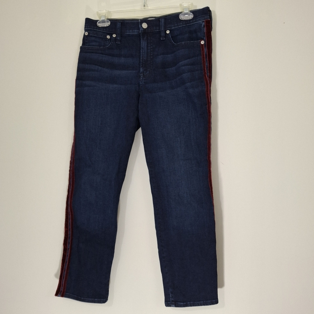 J. Crew Women's Vontage Straight Blue Jeans with Burgandy Stripe,  Size 29